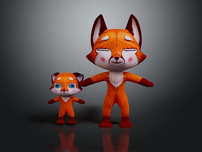 Cute Cartoon Fox Characters Parent and Baby with Orange Fur and Friendly Expressions 3d model
