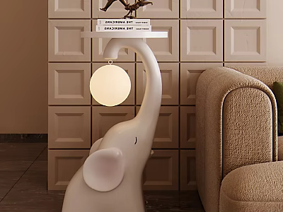 White Elephant Decorative Ornament Combination With Tabletop Light Next To Beige Sofa On Square Wall 3d model