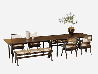 Wooden Dining Table Set with Chairs Bench Vase and Decorative Plant 3d model