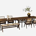 Wooden Dining Table Set with Chairs Bench Vase and Decorative Plant