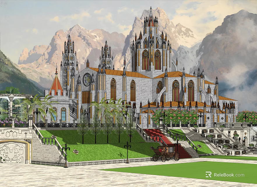 Historic Architectural Masterpiece With Ornate Spires Grand Steps And Mountain Backdrop 3d model 