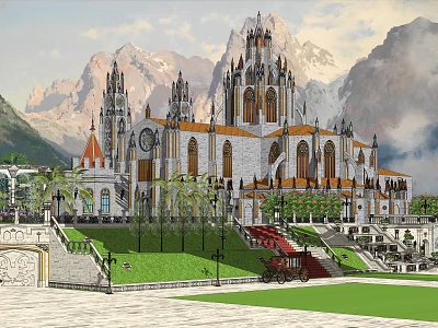 Historic Architectural Masterpiece With Ornate Spires Grand Steps And Mountain Backdrop 3d model