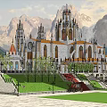 Historic Architectural Masterpiece With Ornate Spires Grand Steps And Mountain Backdrop