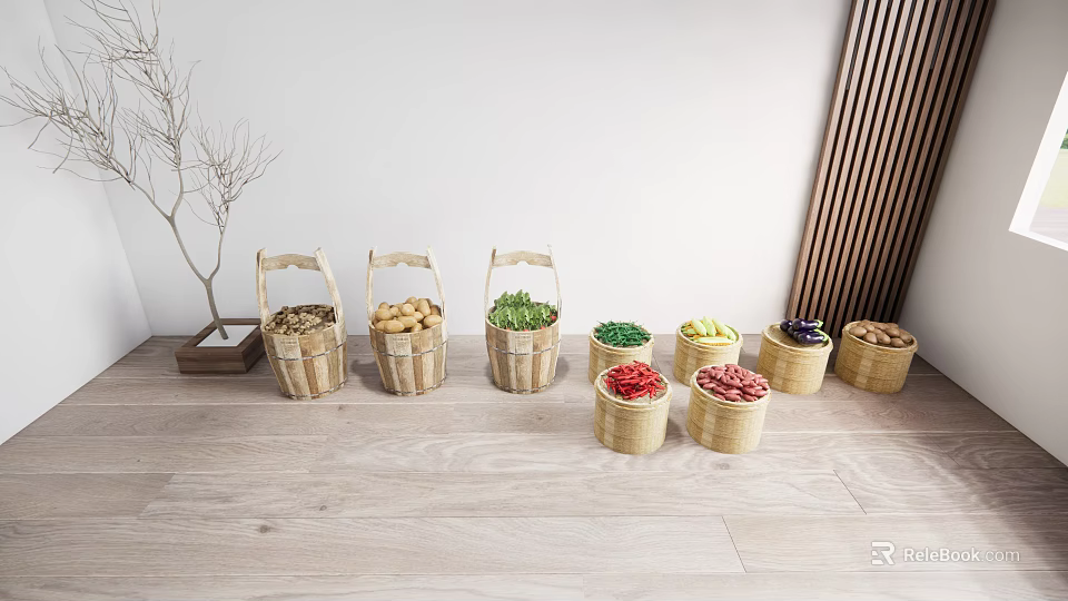 Assorted Fresh Vegetables in Handwoven Bamboo Baskets on Light Wooden Floor with Decorative Branch 3d model 