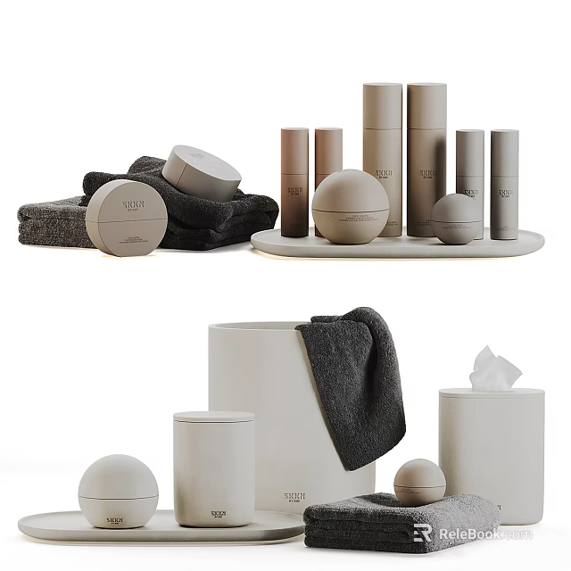 Neutral Toned Minimalist Bathroom Accessories With Towels Jars Tissue Box 3d model 