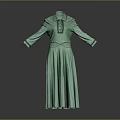 Elegant Green Long Dress With Stand Collar Black Trim And Pleated Skirt