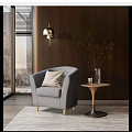 Grey Single Sofa with Decorative Pillow Beside Small Round Table Wooden Wall Large Window View