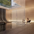 Garden Landscape in Modern Building With Glass Windows Pine Trees Water Feature And Stone Floor