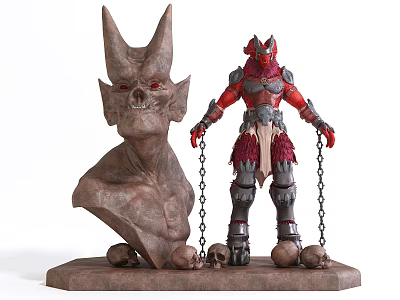 Demon Bust And Armored Figure With Chains And Skull Decor On Base 3d model
