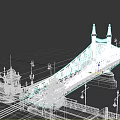 Green Iron Bridge With Spire Towers River And Stone Street Lamps