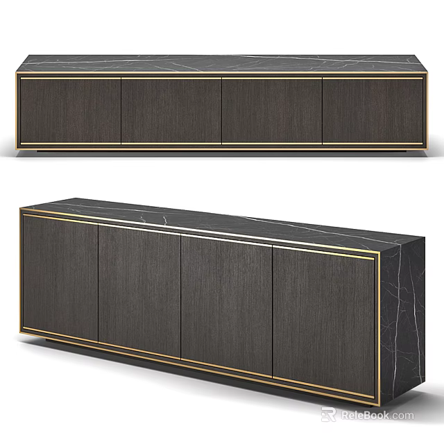 Elegant Modern Entryway Side Cabinet With Dark Wooden Storage Doors Gold Trim And Marble Top 3d model 