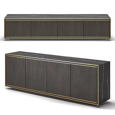 Elegant Modern Entryway Side Cabinet With Dark Wooden Storage Doors Gold Trim And Marble Top 3d model