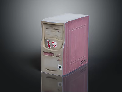 Beige And Pink Desktop Computer Tower With Retro Front Panel Buttons And Interface Ports 3d model