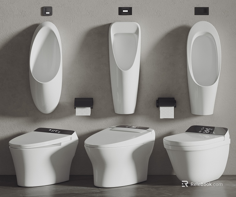 Three Modern White Toilets With Wall Mounted Urinals On Gray Wall Surface 3d model 