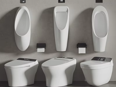 Three Modern White Toilets With Wall Mounted Urinals On Gray Wall Surface 3d model