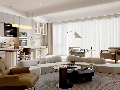 Modern Living Dining Room Interior Design With Comfortable Sofa Coffee Table And Pendant Lighting 3d model
