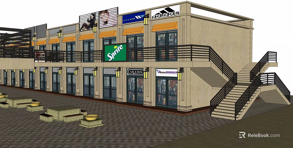 Commercial Street With Retail Shops Brands Sprite Adidas Calvin Klein And Outdoor Seating 3d model 