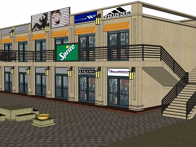Commercial Street With Retail Shops Brands Sprite Adidas Calvin Klein And Outdoor Seating 3d model