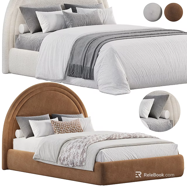 Modern Double Bed With Brown Headboard White Sheets Gray Pillows And Patterned Throw 3d model