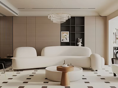 Modern Living Room Interior With White Sofa Round Pendant Light And Geometric Rug 3d model