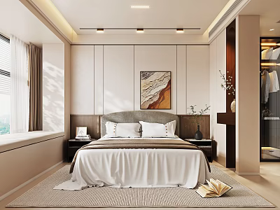 Modern Bedroom Interior With White Bedding Headboard Artwork And Natural Light 3d model