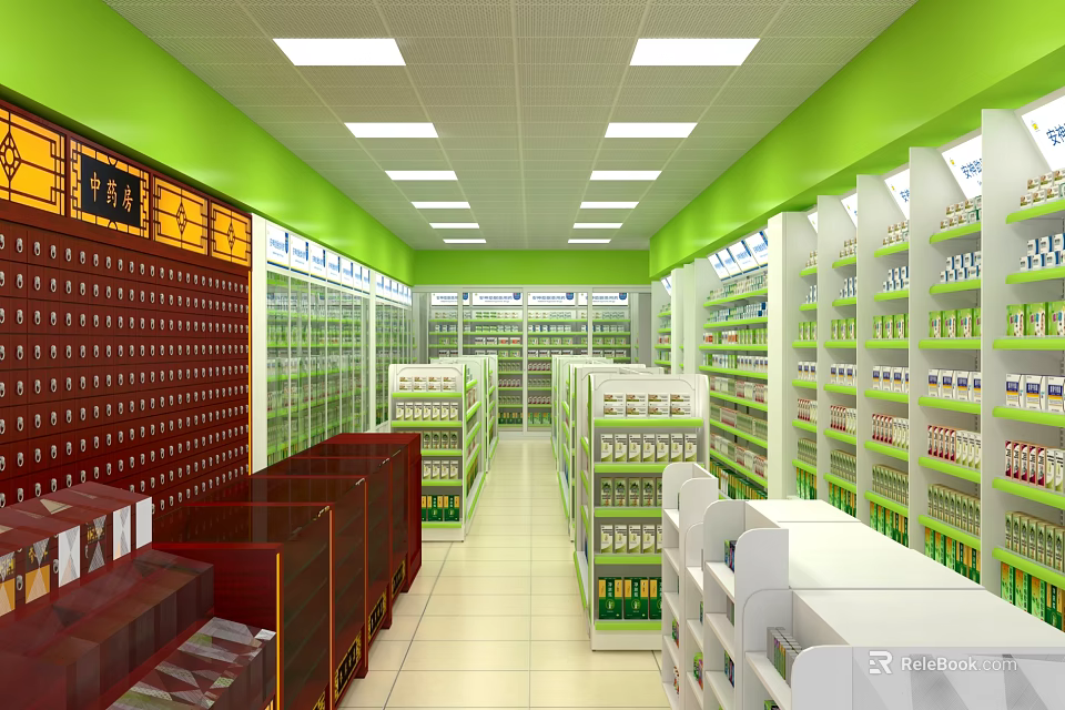 Specialty Store Interior With Green Walls Bright Lighting Shelves Full Of Products And Counters 3d model 