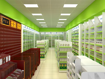 Specialty Store Interior With Green Walls Bright Lighting Shelves Full Of Products And Counters 3d model