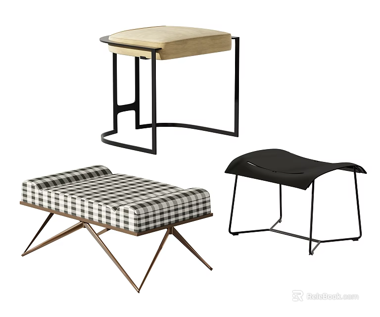 Elegant Modern Stools with Upholstered Seats Checkered Fabric and Metal Frames 3d model