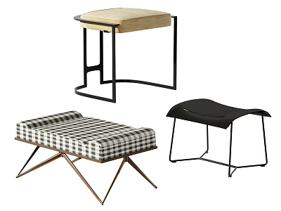 Elegant Modern Stools with Upholstered Seats Checkered Fabric and Metal Frames 3d model
