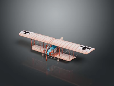 Vintage Biplane Model With Cross Insignia And Blue Interior On Dark Reflective Surface 3d model