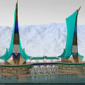Future Architecture Twin Waterfront Structures With Turquoise Spires Against Snowy Mountain Backdrop