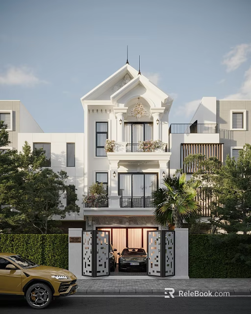 Elegant Detached Villa With White Exterior Ornate Balcony And Front Palm Trees 3d model 