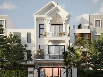 Elegant Detached Villa With White Exterior Ornate Balcony And Front Palm Trees 3d model