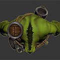Green Creature Character With Bulky Body Wooden Barrel Belt And Tools On Waist