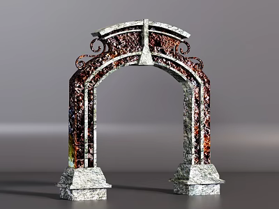 Ornate Arched Entry Gate With Intricate Stone Carvings And Pedestal Base 3d model