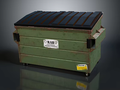 Green Waste Dumpster With Black Lid BAR Label Yellow Warning Sticker And Wheels 3d model