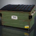 Green Waste Dumpster With Black Lid BAR Label Yellow Warning Sticker And Wheels