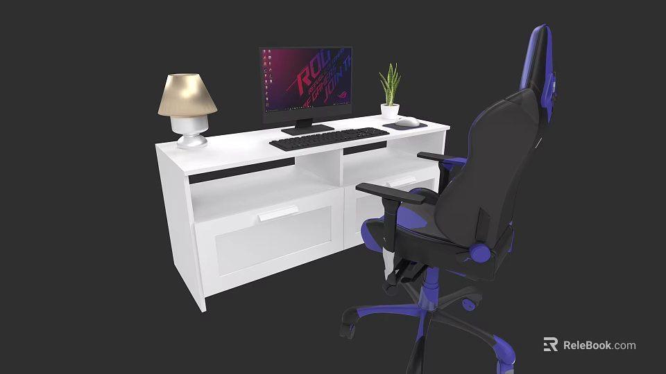 White Modern Office Desk With RGB Monitor Lamp Keyboard Mouse Plant And Gaming Chair 3d model 