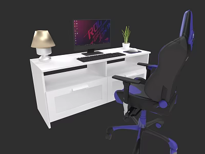 White Modern Office Desk With RGB Monitor Lamp Keyboard Mouse Plant And Gaming Chair 3d model