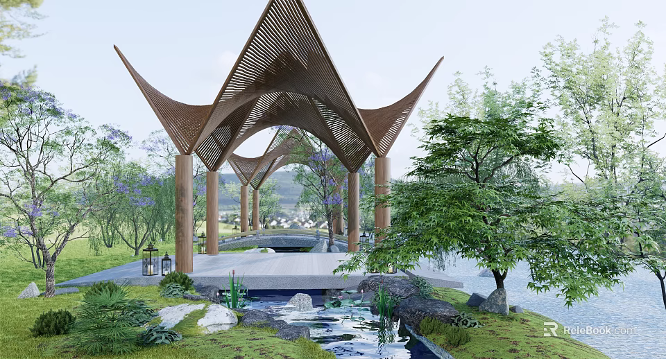 Modern Wooden Landscape Pavilion With Geometric Lattice Roof Water Pond Stone Accents And Surrounding Trees 3d model 