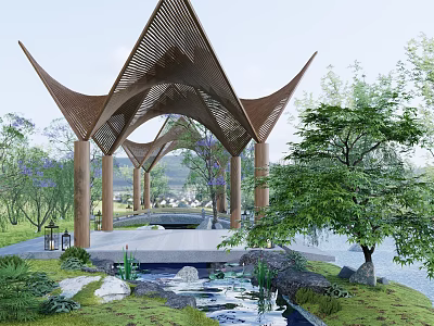 Modern Wooden Landscape Pavilion With Geometric Lattice Roof Water Pond Stone Accents And Surrounding Trees 3d model