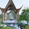 Modern Wooden Landscape Pavilion With Geometric Lattice Roof Water Pond Stone Accents And Surrounding Trees