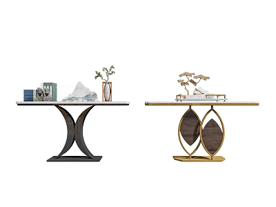 Two Tone Modern Console Tables With Geometric Bases And Plant Decorations 3d model