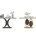 Two Tone Modern Console Tables With Geometric Bases And Plant Decorations