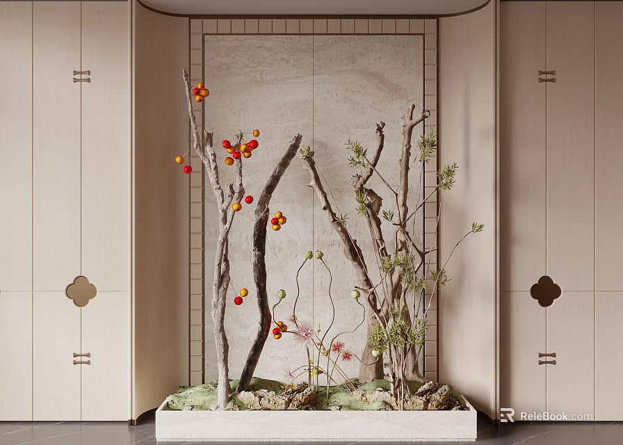 Chinese Style Indoor Landscape Featuring Dried Branches Red Berries Green Leaves And Light Container 3d model 