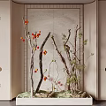 Chinese Style Indoor Landscape Featuring Dried Branches Red Berries Green Leaves And Light Container