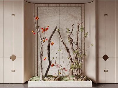 Chinese Style Indoor Landscape Featuring Dried Branches Red Berries Green Leaves And Light Container 3d model