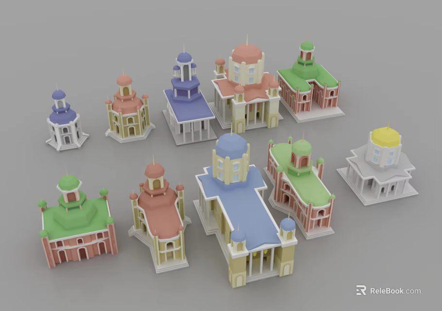 Vibrant Cartoon Building Models With Various Domes And Colorful Roofs In Playful Scene 3d model 