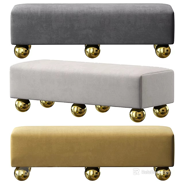 Upholstered Lounge Chairs in Gray Light Gray and Yellow with Gold Ball Legs 3d model 
