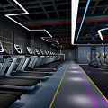 Modern Fitness Gym Interior With Wooden Floor Circular Ceiling Lights And Large Windows